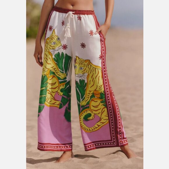 Anthropologie Celandine Linen Blend Wide Leg Pants Tiger Big Cats S NWT Small - Picture 2 of 4
